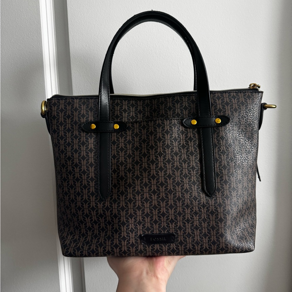 Fossil Black and Brown Patterned Handbag Tote Bag
